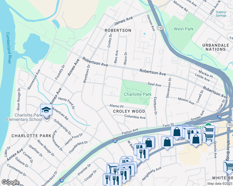 map of restaurants, bars, coffee shops, grocery stores, and more near 6374 Ivy Street in Nashville