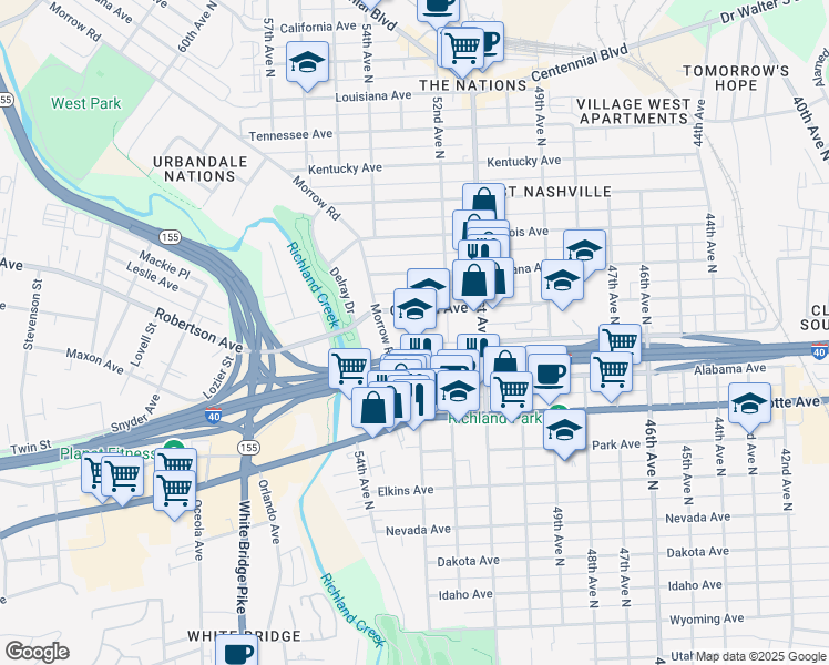 map of restaurants, bars, coffee shops, grocery stores, and more near 5200 Delaware Avenue in Nashville