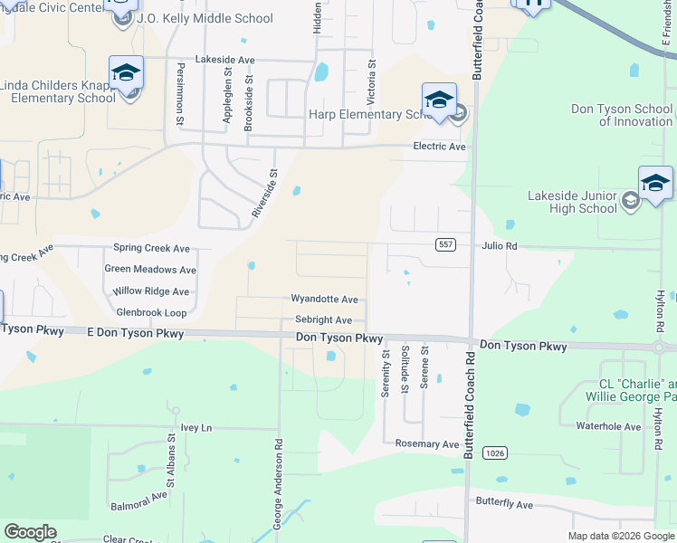 map of restaurants, bars, coffee shops, grocery stores, and more near 2760 East Don Tyson Parkway in Springdale