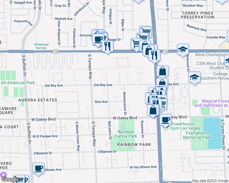 map of restaurants, bars, coffee shops, grocery stores, and more near 7175 Del Rey Ave in Las Vegas