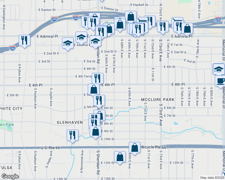 map of restaurants, bars, coffee shops, grocery stores, and more near 6545 E 5th St in Tulsa