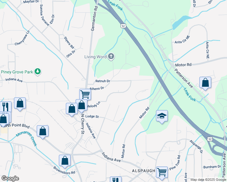 map of restaurants, bars, coffee shops, grocery stores, and more near 222 Melody Lane in Winston-Salem
