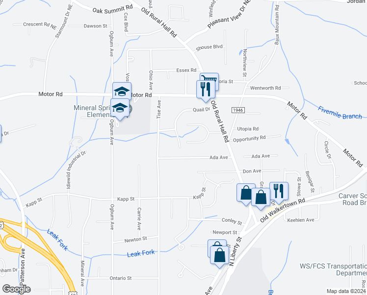 map of restaurants, bars, coffee shops, grocery stores, and more near 232 Quail Drive in Winston-Salem