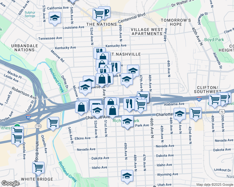 map of restaurants, bars, coffee shops, grocery stores, and more near 4908 Delaware Avenue in Nashville