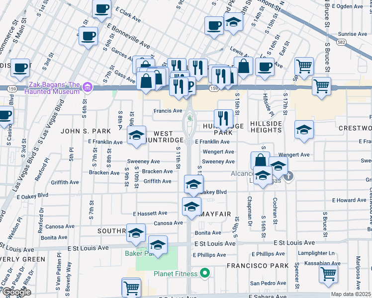 map of restaurants, bars, coffee shops, grocery stores, and more near 1310 South Maryland Parkway in Las Vegas