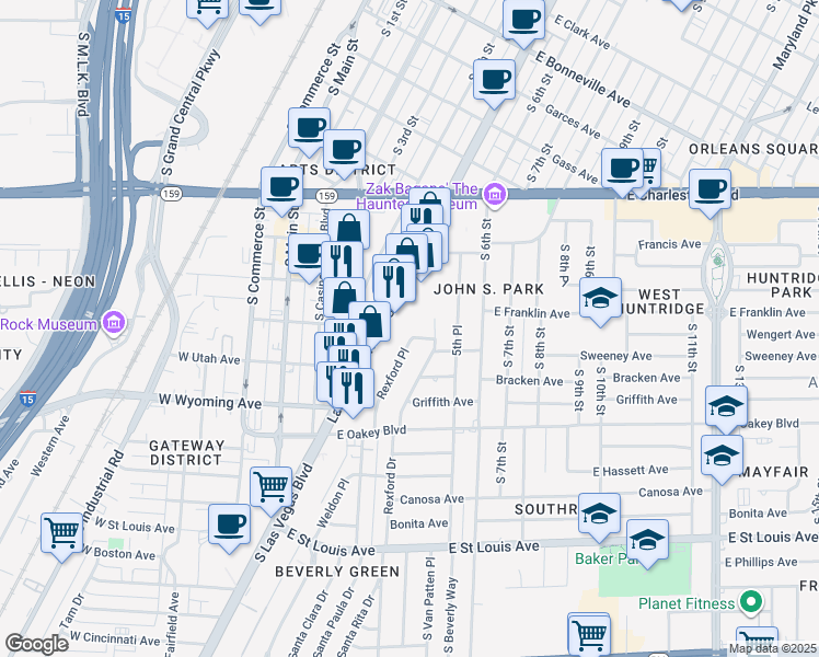 map of restaurants, bars, coffee shops, grocery stores, and more near 1306 Rexford Place in Las Vegas