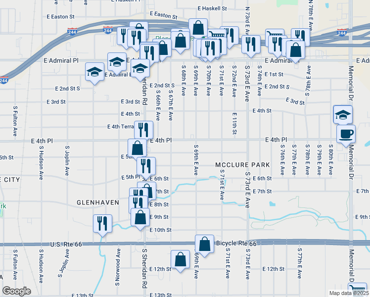 map of restaurants, bars, coffee shops, grocery stores, and more near 6729 E 5th St in Tulsa