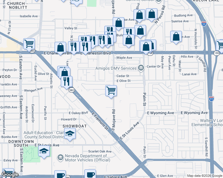 map of restaurants, bars, coffee shops, grocery stores, and more near 1701-1799 S Mojave Rd in Las Vegas