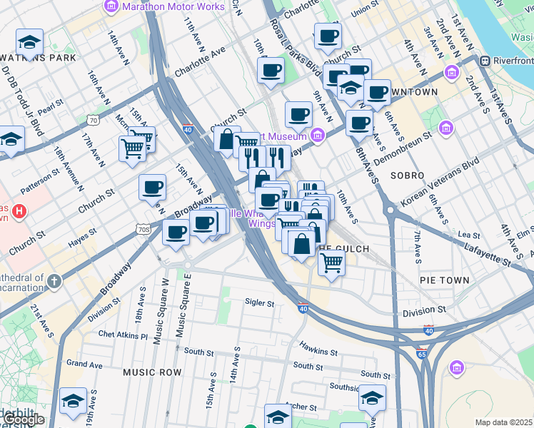 map of restaurants, bars, coffee shops, grocery stores, and more near 1212 Demonbreun Street in Nashville
