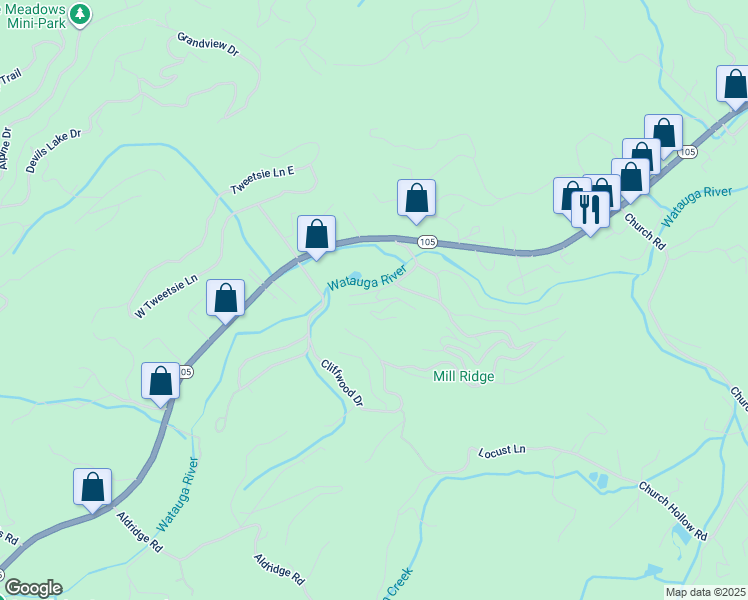 map of restaurants, bars, coffee shops, grocery stores, and more near 122 Fox Den Lane in Banner Elk