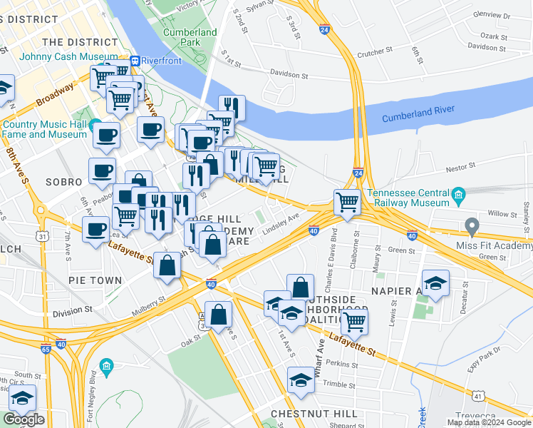 map of restaurants, bars, coffee shops, grocery stores, and more near 134 Academy Square in Nashville