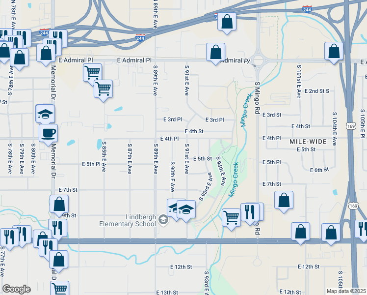map of restaurants, bars, coffee shops, grocery stores, and more near 450 South 91st East Avenue in Tulsa