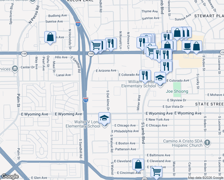 map of restaurants, bars, coffee shops, grocery stores, and more near 1539 Calabria Drive in Las Vegas