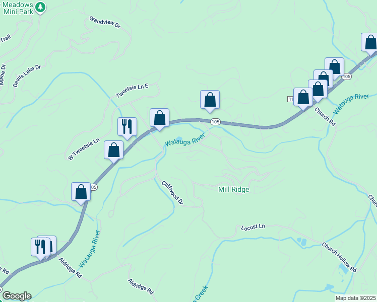 map of restaurants, bars, coffee shops, grocery stores, and more near 122 Fox Den Lane in Banner Elk