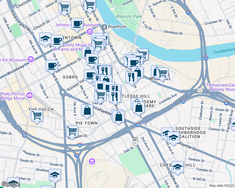 map of restaurants, bars, coffee shops, grocery stores, and more near 615 3rd Avenue South in Nashville