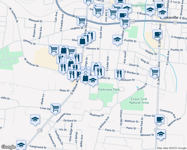 map of restaurants, bars, coffee shops, grocery stores, and more near 225 West Jackson Street in Cookeville