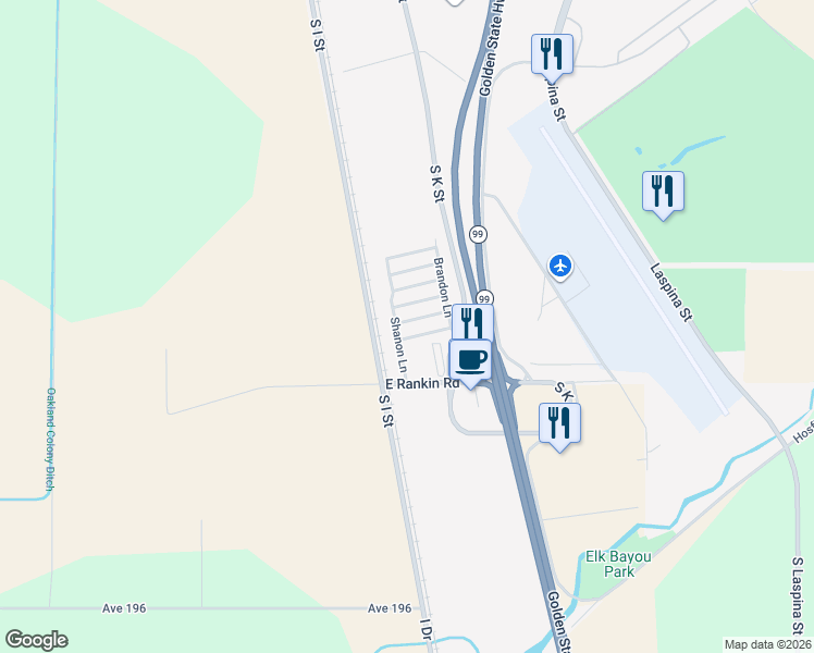 map of restaurants, bars, coffee shops, grocery stores, and more near Shanon Ln in Tulare
