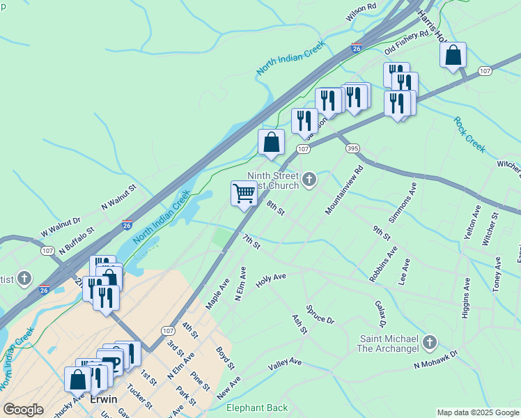 map of restaurants, bars, coffee shops, grocery stores, and more near 944 N Main Ave in Erwin