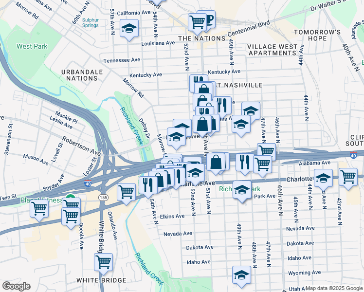 map of restaurants, bars, coffee shops, grocery stores, and more near 5200 Delaware Avenue in Nashville