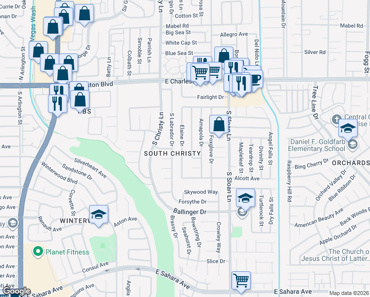 map of restaurants, bars, coffee shops, grocery stores, and more near 1559 Elaine Drive in Las Vegas