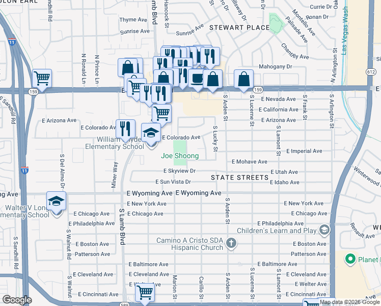 map of restaurants, bars, coffee shops, grocery stores, and more near 4485 East Dawley Court in Las Vegas