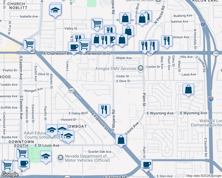 map of restaurants, bars, coffee shops, grocery stores, and more near 1701-1799 S Mojave Rd in Las Vegas