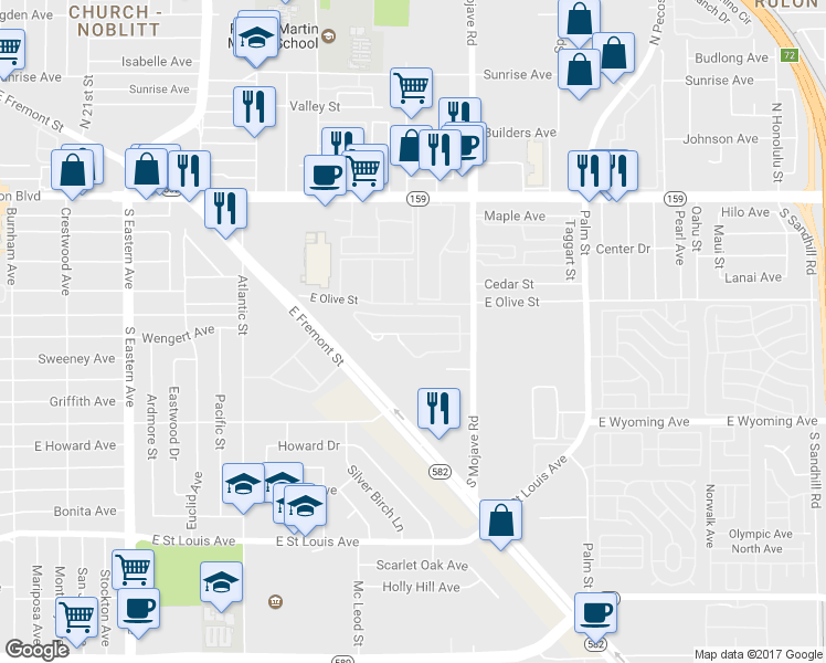 map of restaurants, bars, coffee shops, grocery stores, and more near 2965 East Fremont Street in Las Vegas