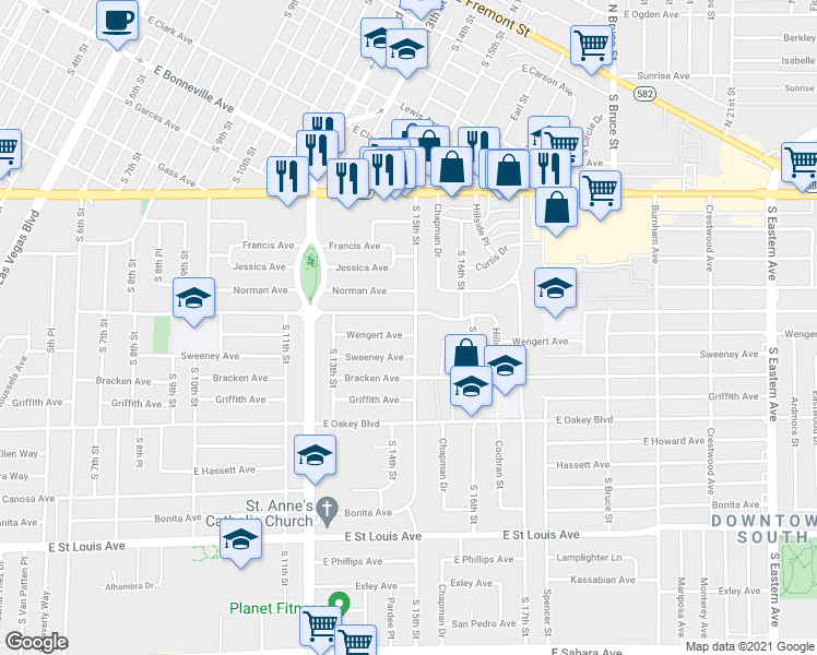 map of restaurants, bars, coffee shops, grocery stores, and more near 1313 South 15th Street in Las Vegas