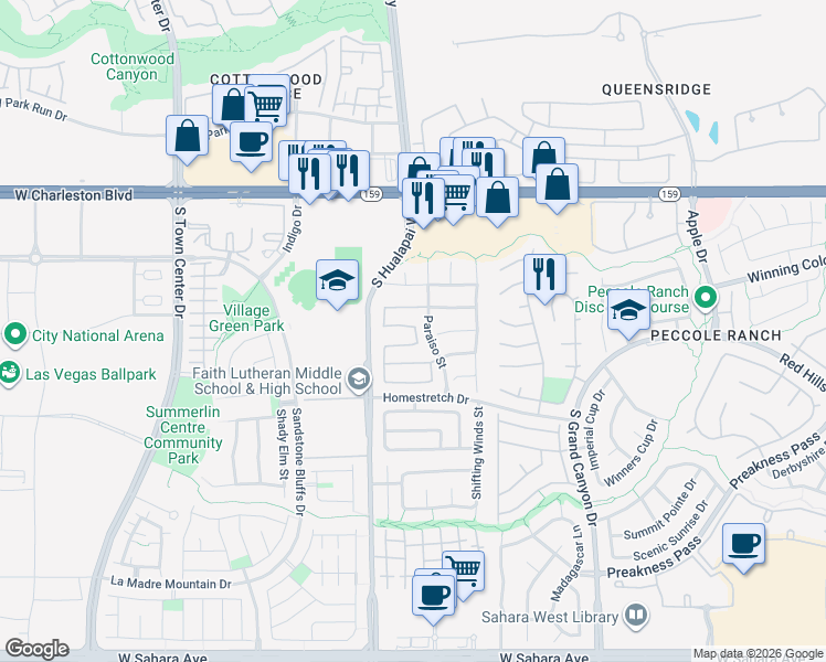 map of restaurants, bars, coffee shops, grocery stores, and more near 9909 Calabasas Avenue in Las Vegas