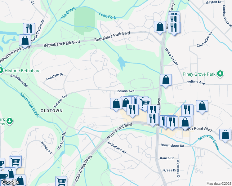 map of restaurants, bars, coffee shops, grocery stores, and more near 5150 Indiana Avenue in Winston-Salem