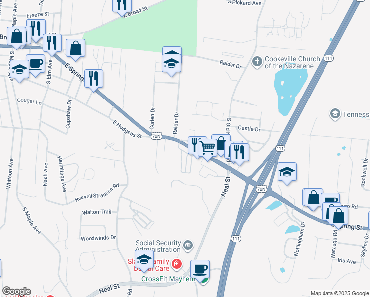 map of restaurants, bars, coffee shops, grocery stores, and more near 1201-1247 East Spring Street in Cookeville