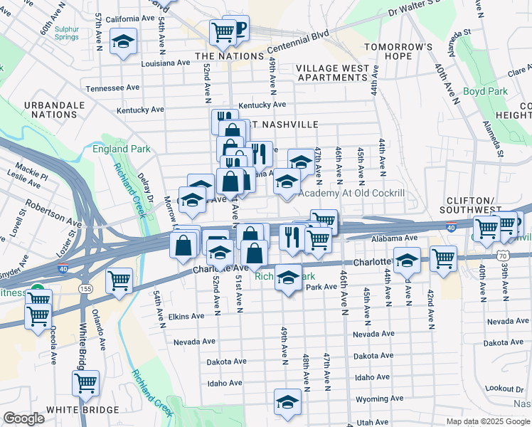 map of restaurants, bars, coffee shops, grocery stores, and more near 4908 Delaware Avenue in Nashville