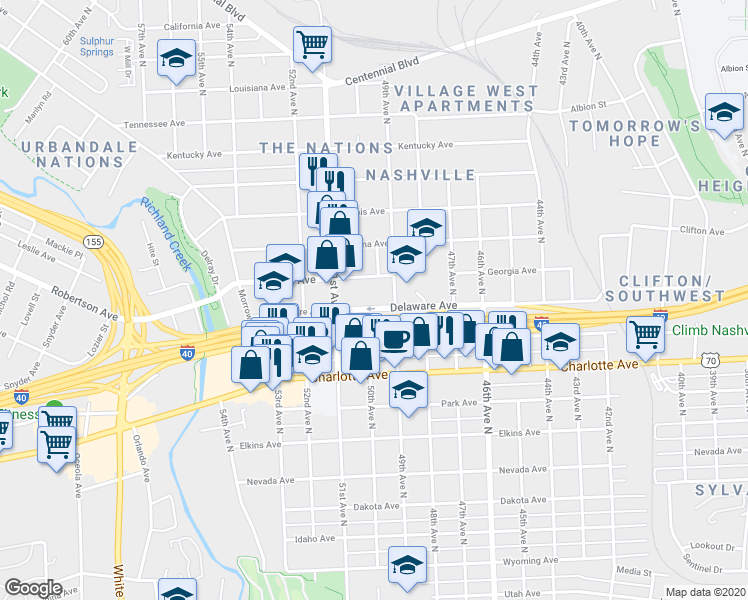 map of restaurants, bars, coffee shops, grocery stores, and more near 4908 Delaware Avenue in Nashville