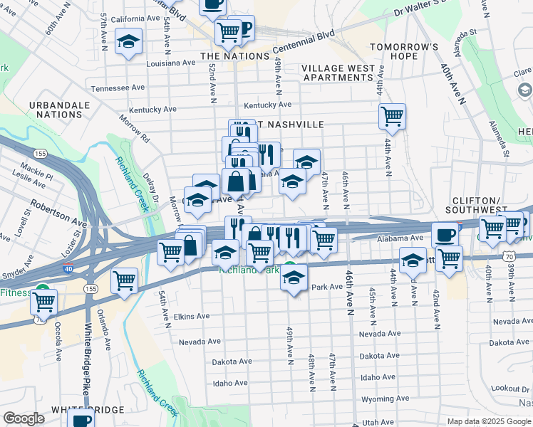 map of restaurants, bars, coffee shops, grocery stores, and more near 4908 Delaware Avenue in Nashville