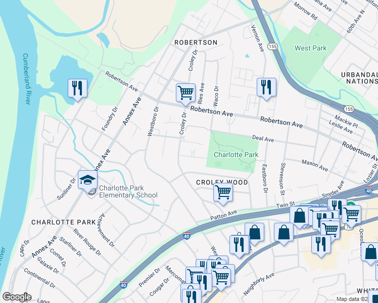 map of restaurants, bars, coffee shops, grocery stores, and more near 6374 Ivy Street in Nashville