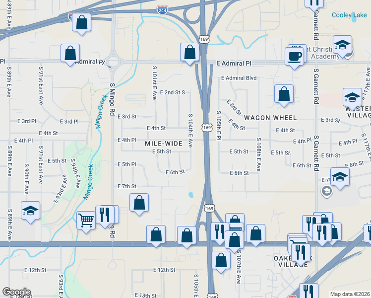 map of restaurants, bars, coffee shops, grocery stores, and more near 443 South 104th East Avenue in Tulsa