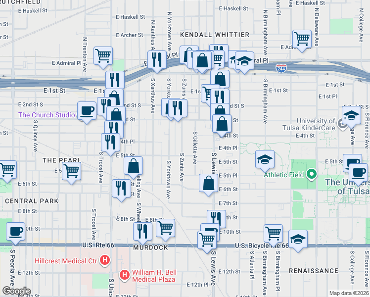 map of restaurants, bars, coffee shops, grocery stores, and more near 364 South Zunis Avenue in Tulsa