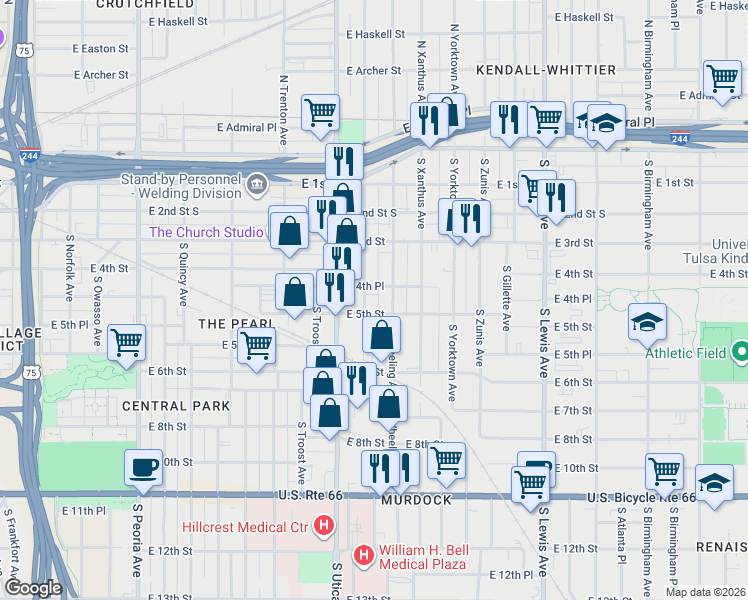 map of restaurants, bars, coffee shops, grocery stores, and more near 419 South Victor Avenue in Tulsa