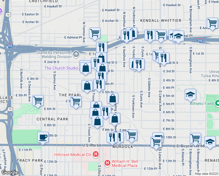 map of restaurants, bars, coffee shops, grocery stores, and more near 419 South Victor Avenue in Tulsa