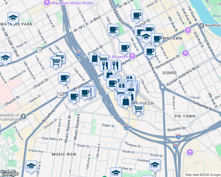 map of restaurants, bars, coffee shops, grocery stores, and more near 1212 Demonbreun Street in Nashville