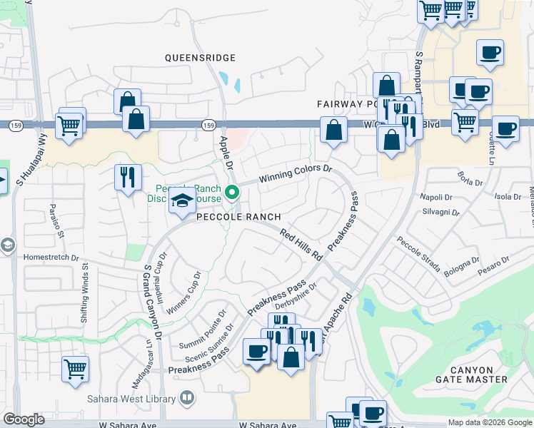 map of restaurants, bars, coffee shops, grocery stores, and more near 9433 Valencia Canyon Drive in Las Vegas