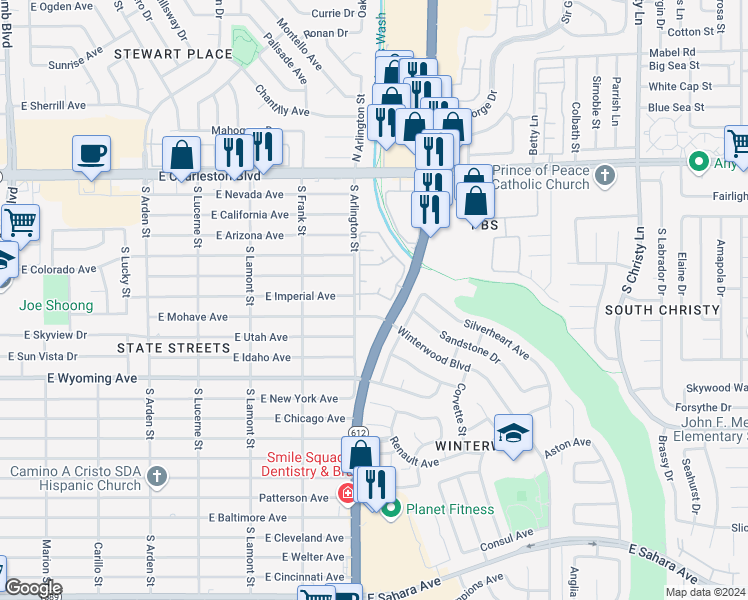 map of restaurants, bars, coffee shops, grocery stores, and more near 1405 South Nellis Boulevard in Las Vegas