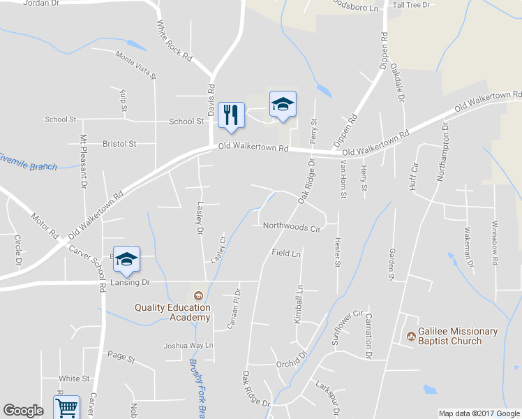 map of restaurants, bars, coffee shops, grocery stores, and more near 66 Northwoods Circle in Winston-Salem