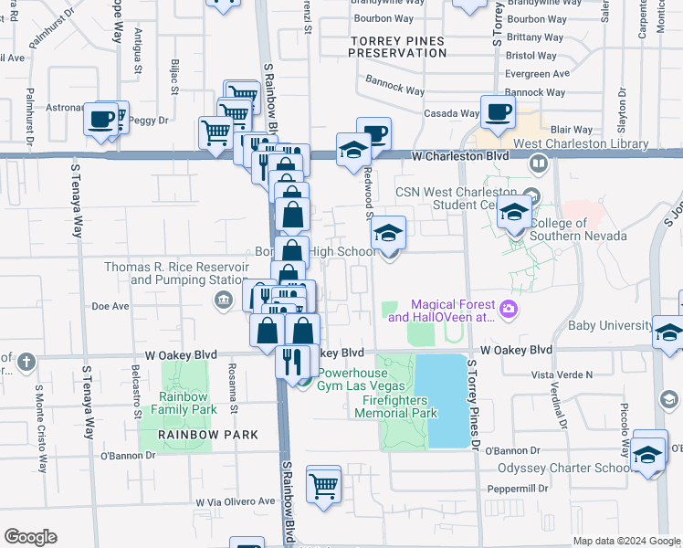 map of restaurants, bars, coffee shops, grocery stores, and more near 1415 Santa Margarita Street in Las Vegas