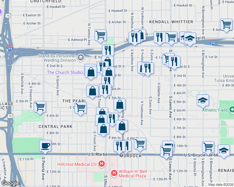 map of restaurants, bars, coffee shops, grocery stores, and more near 419 South Victor Avenue in Tulsa