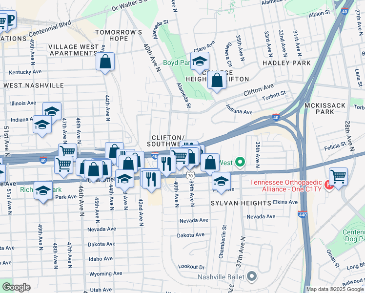 map of restaurants, bars, coffee shops, grocery stores, and more near 515 39th Avenue North in Nashville