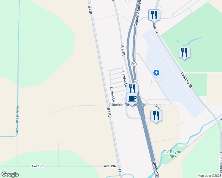 map of restaurants, bars, coffee shops, grocery stores, and more near Shanon Ln in Tulare