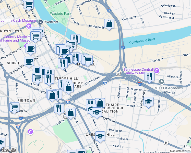 map of restaurants, bars, coffee shops, grocery stores, and more near 52 Lindsley Avenue in Nashville