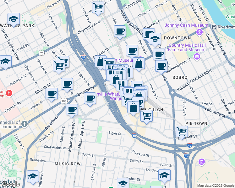 map of restaurants, bars, coffee shops, grocery stores, and more near 1204 Demonbreun Street in Nashville