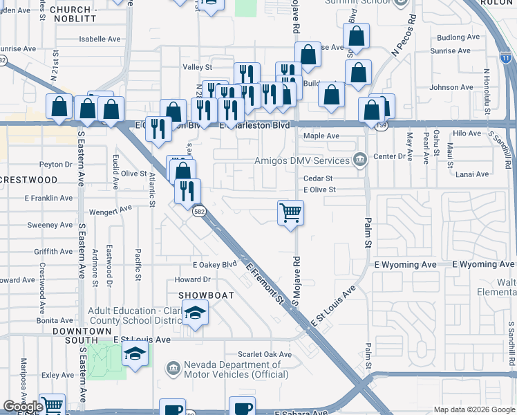 map of restaurants, bars, coffee shops, grocery stores, and more near 2965 East Fremont Street in Las Vegas